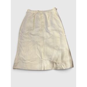 Vintage Linen Midi Skirt 12 Cream Ivory Old Money High Waist Button Tab Pencil